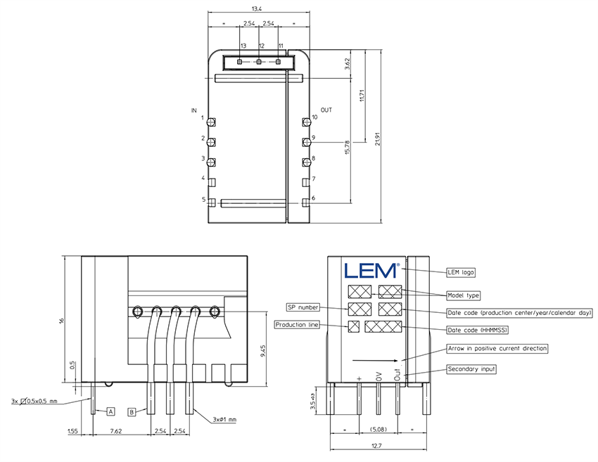 Mechanical Drawing - LEM CAS Board Mount Current Transducers